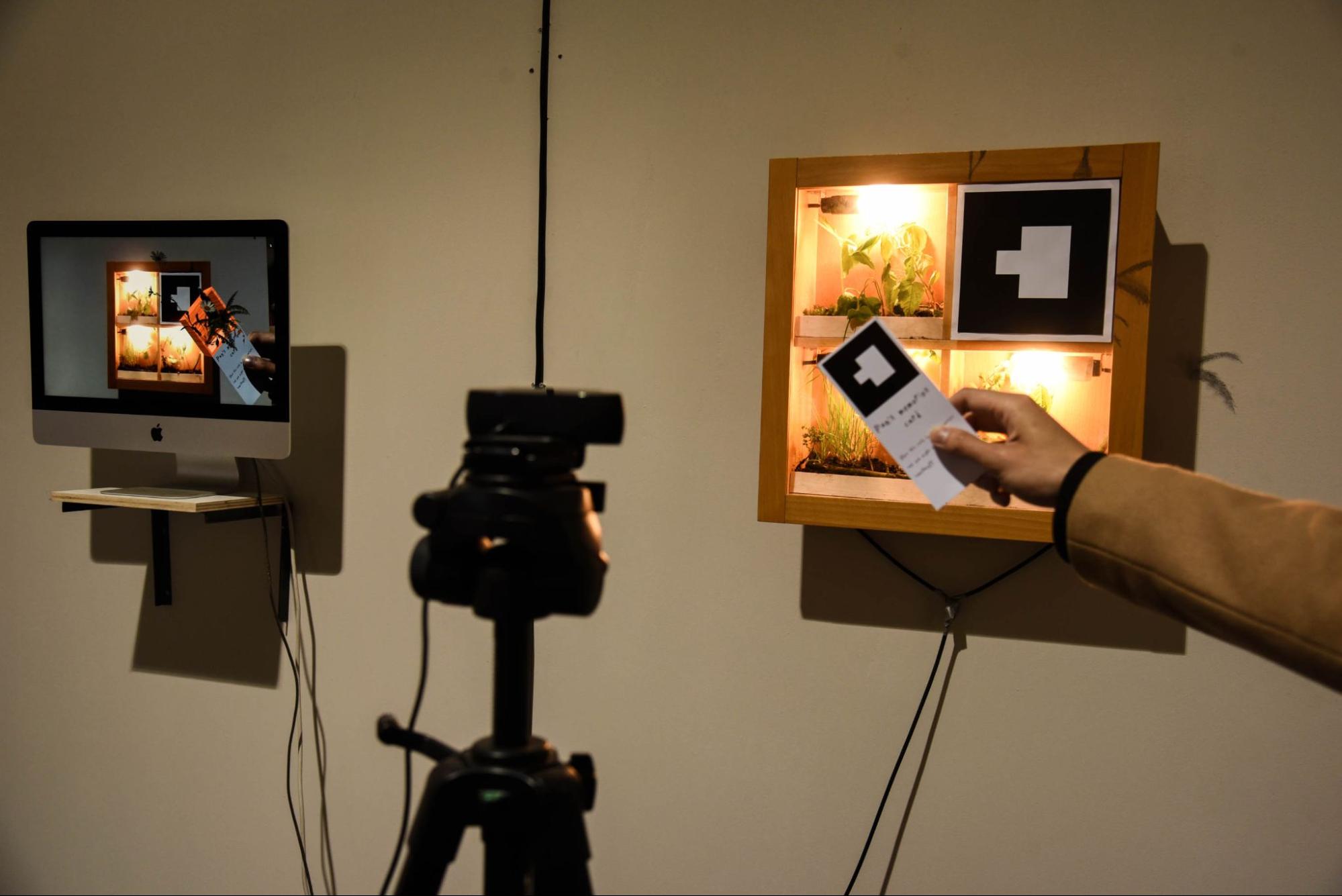 Second Nature - visitors interacting with the installation and computers